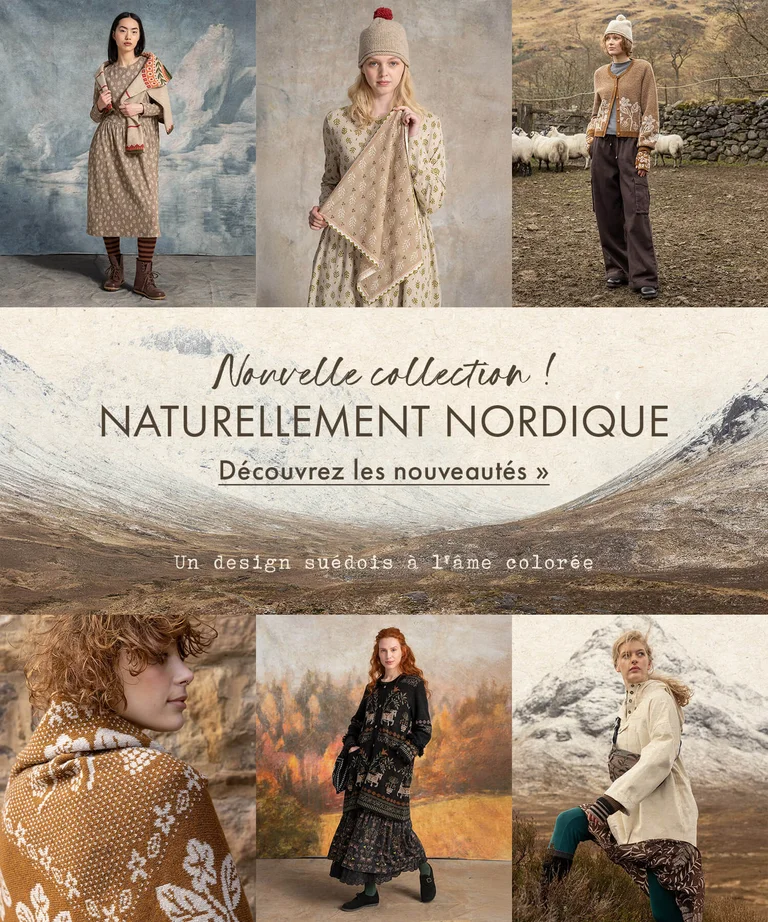 A collage of different sized pictures of women wearing clothes in earthy tones from Gudrun Sjödén’s 2026 Winter collection. The collage includes an image of a mountain landscape.