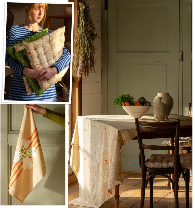 Un collage avec des images variées représentant des textiles d'intérieur signés Gudrun Sjödén.