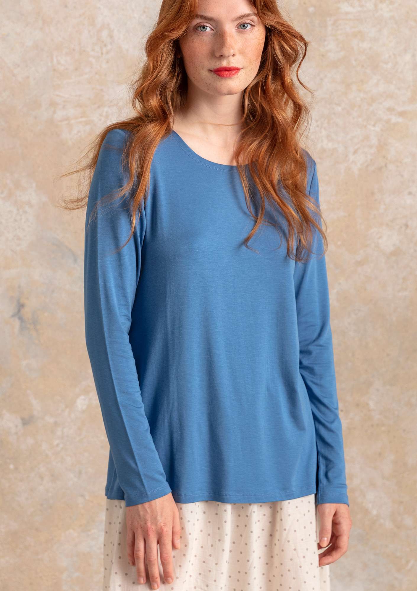 “Adena” jersey top in lyocell/spandex flax blue