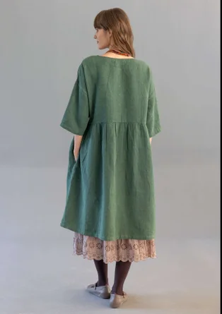 Gestreiftes oder einfarbiges Knopfleistenkleid „Sylvi“ aus Leinen - dunkelgrün