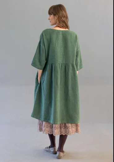 Gestreiftes oder einfarbiges Knopfleistenkleid „Sylvi“ aus Leinen - dunkelgrün