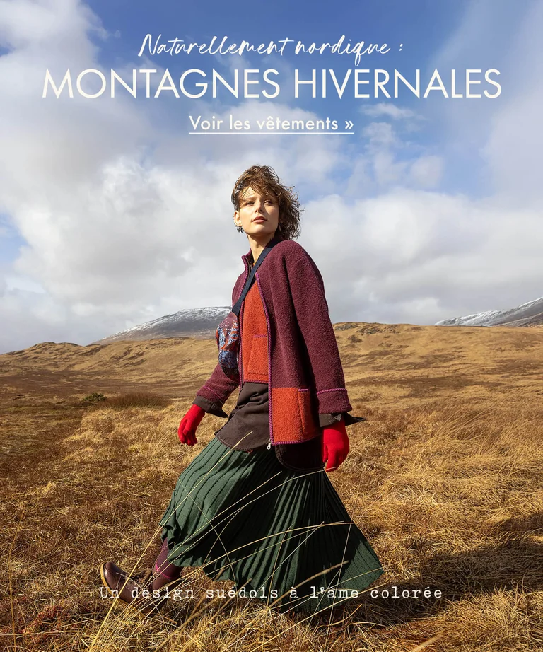 A collage of women in an autumnal landscape wearing clothes from Gudrun Sjödén.