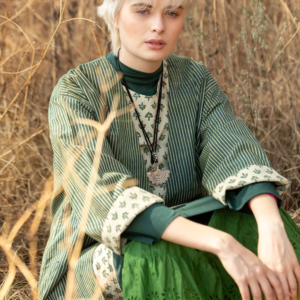 “Willow” woven organic cotton kimono - indigo green