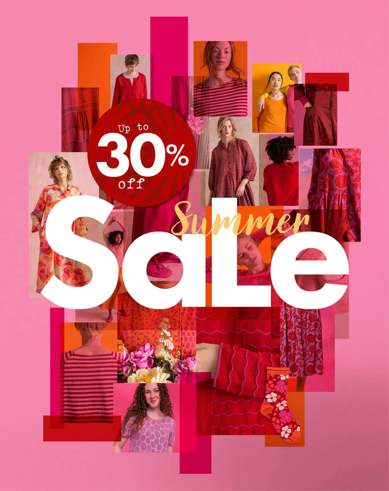 A design collage of images of clothes and red, pink and orange-tone panels. 