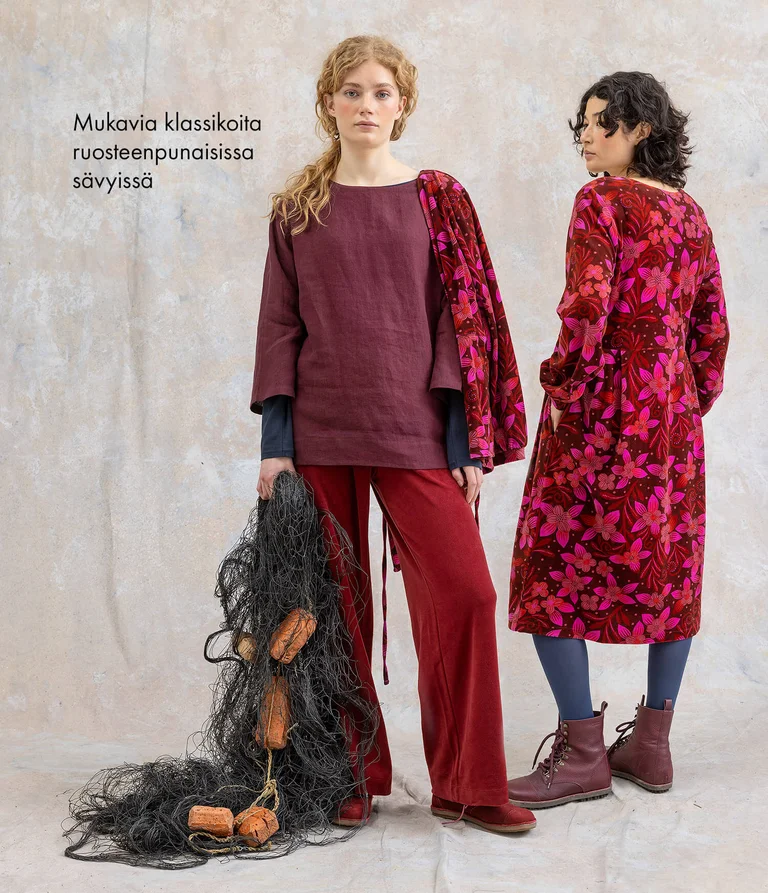 Two women wearing clothing in shades of red from Gudrun Sjödén. 