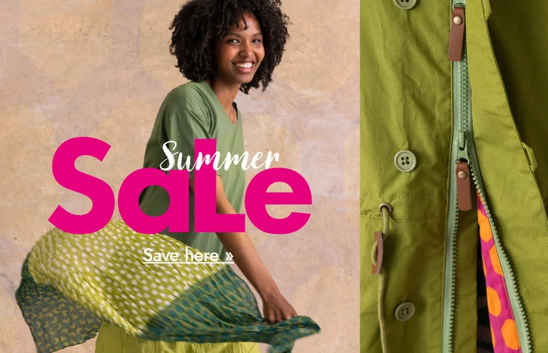 A design collage of images of clothes and red, pink and orange-tone panels. 