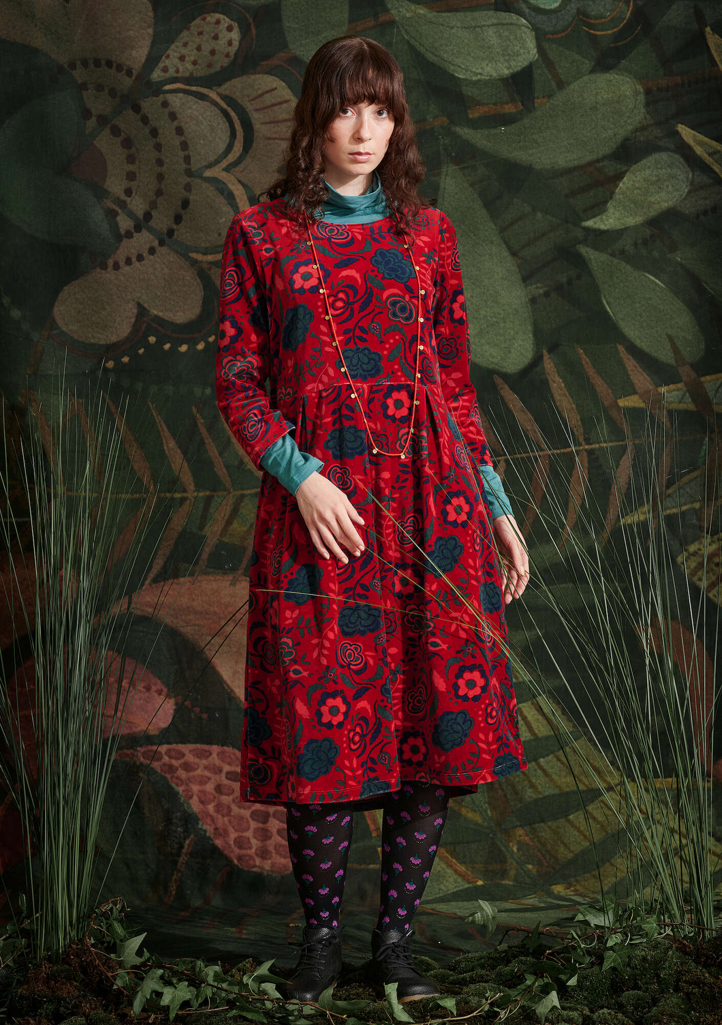 “Orsa” velour dress in organic cotton/recycled polyester tomato/patterned