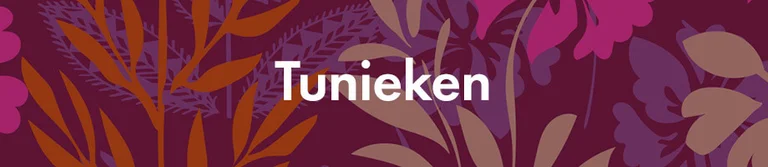 Een paars dessin met de tekst 'Tunieken' in het wit. 