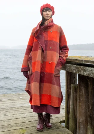 “Alberta” recycled wool/recycled polyester long coat - rooibos/patterned