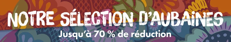 Un motif graphique aux couleurs variées avec le texte SÉLECTION D'AUBAINES jusqu'à -70 % en blanc.