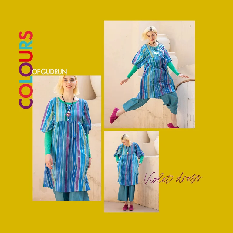 A collage with a yellow background showing pictures of women wearing clothes from Gudrun Sjödén’s Paris collection. 