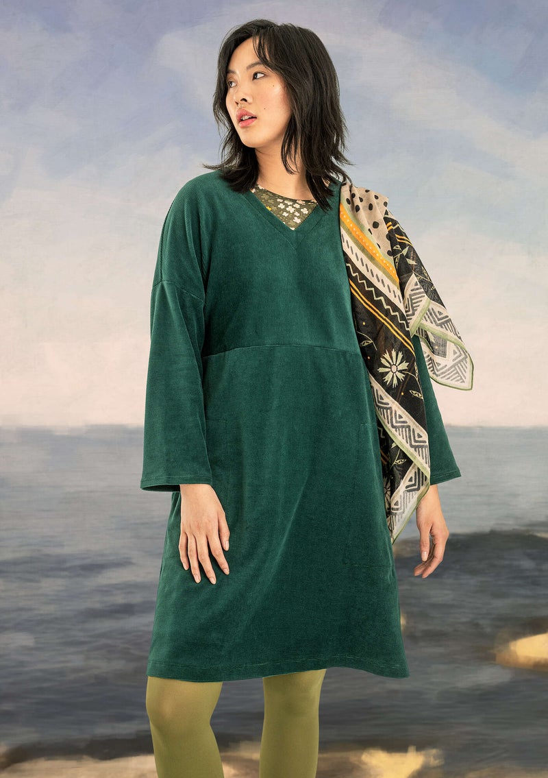Velour dress in organic cotton/recycled polyester/spandex bottle green