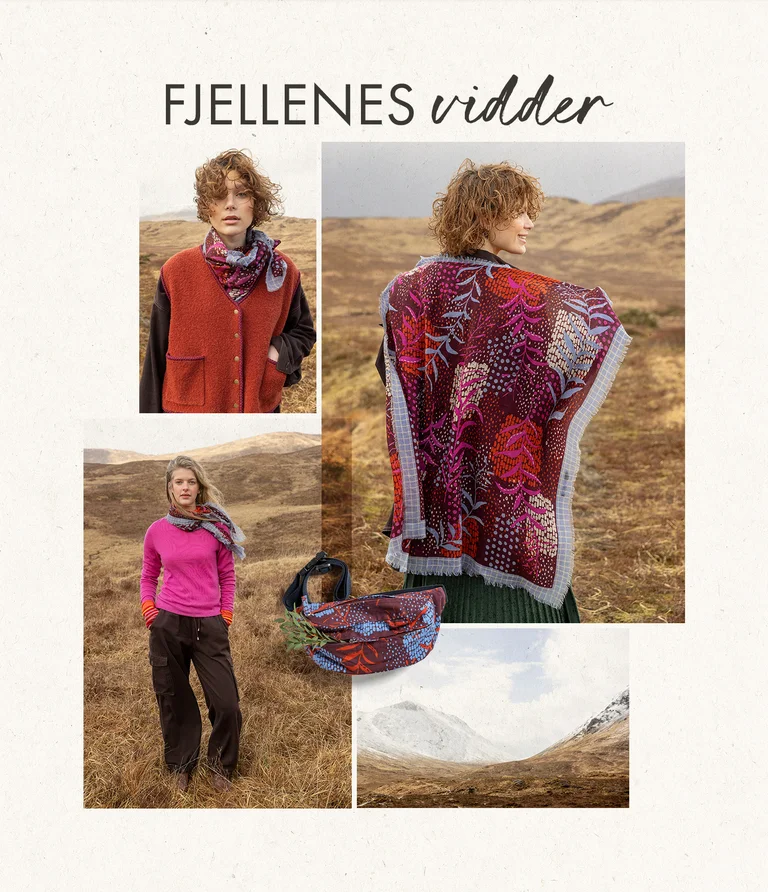 A collage of women wearing clothing and accessories from Gudrun Sjödén. The collage also has an image of a bag and a picture of a mountain setting.