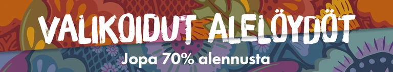 Graafinen monivärinen kuvio, jossa valkoinen teksti VALIKOIDUT ALELÖYDÖT Jopa 70% alennusta.