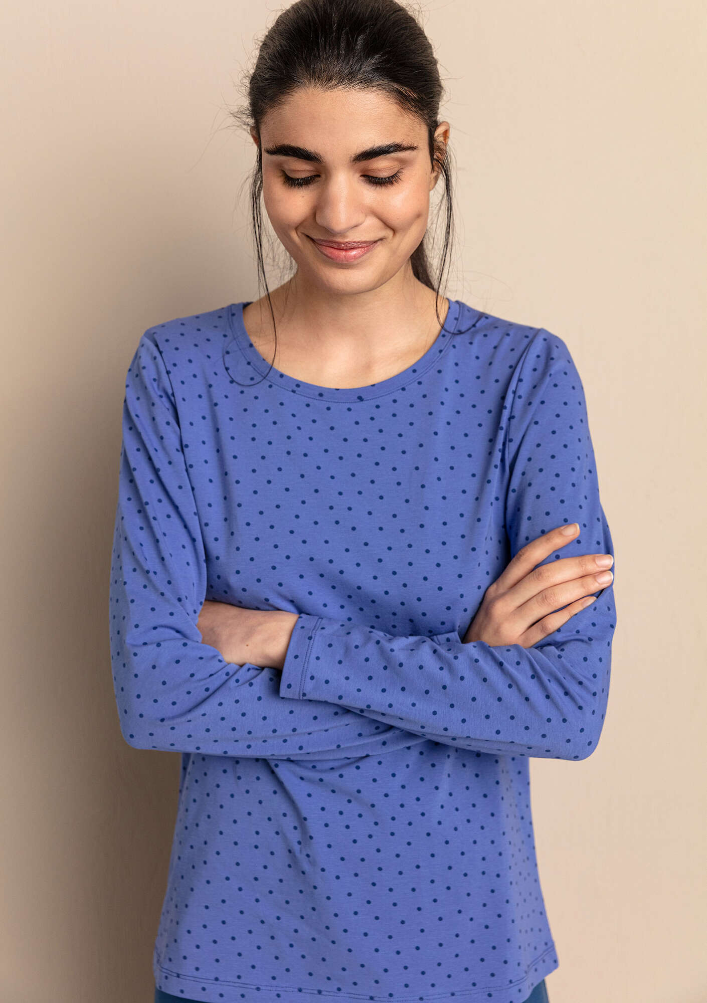 “Pytte” jersey top in organic cotton/spandex sky blue/patterned thumbnail