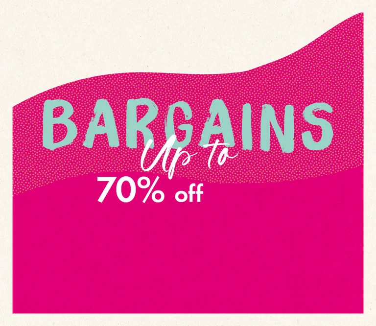 A graphic image in pink and beige with the words SALE BARGAINS.