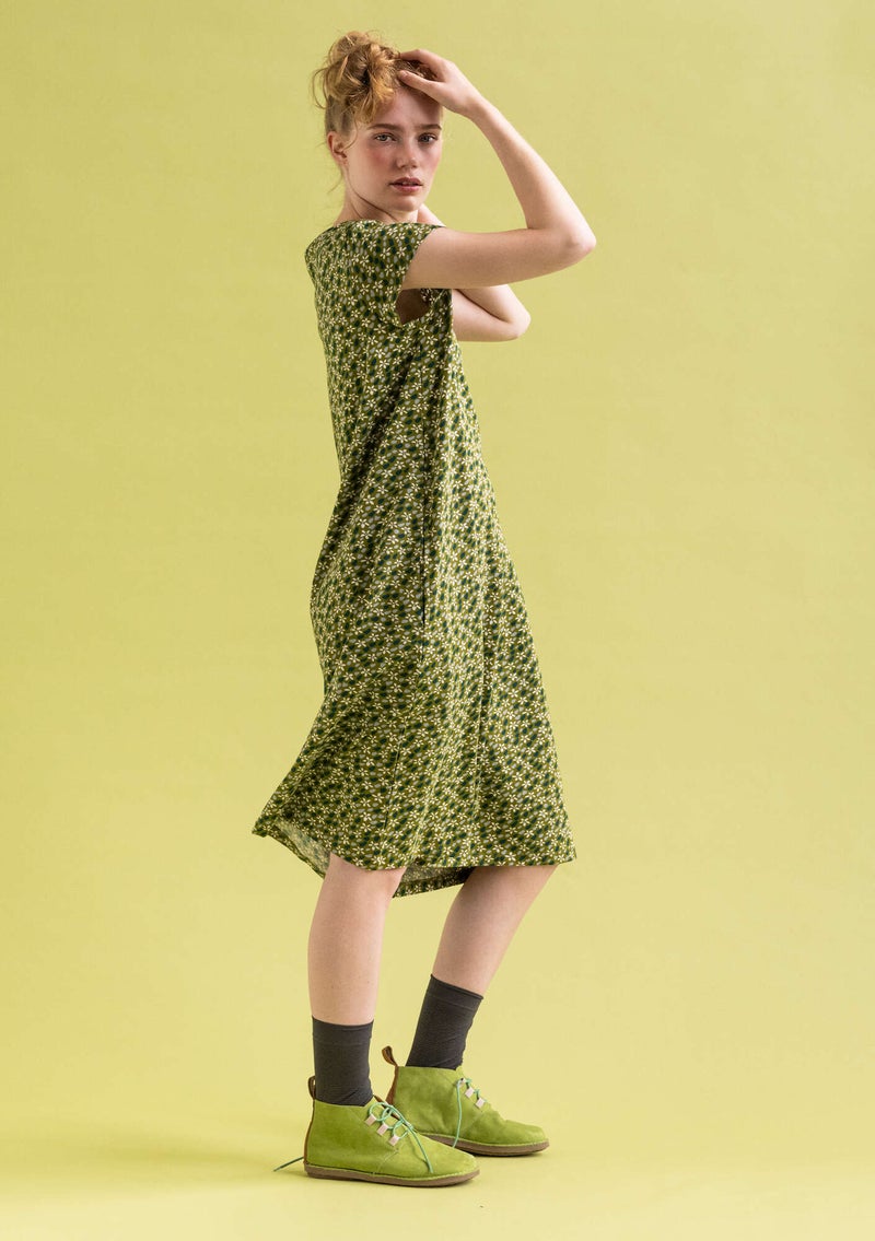 “Jane” jersey dress in organic cotton/spandex moss green/patterned