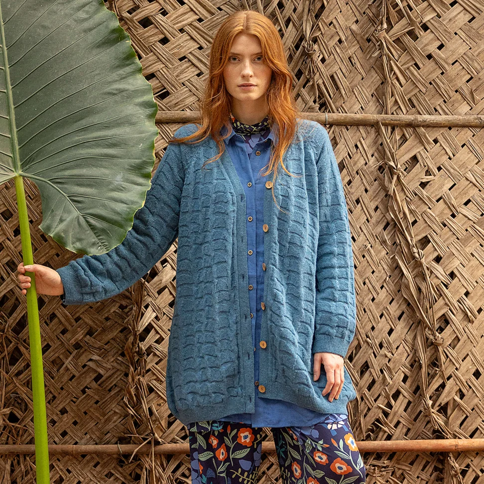 “Harriet” long cardigan in a recycled wool blend - indigofera/melange