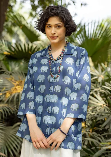Blouse à motif "Elephant" en coton biologique - indigo