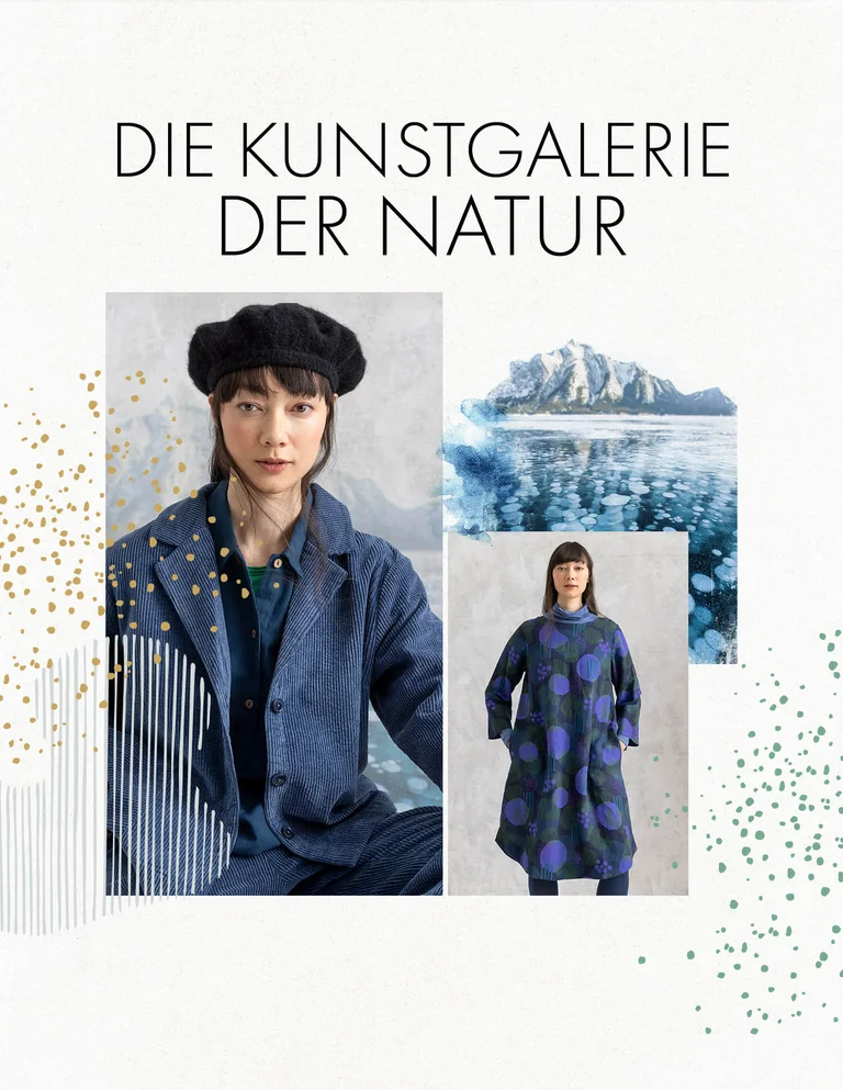 Eine Collage mit Bildern von Mode und Accessoires aus Gudrun Sjödéns Winterkollektion 2025.  Img alt-text: Eine Frau im Lagenlook mit Mode aus Gudrun Sjödéns Winterkollektion. 
