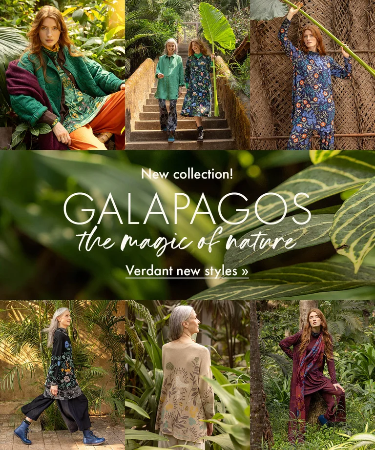 A collage of women wearing botanical designs from Gudrun Sjödén. 
