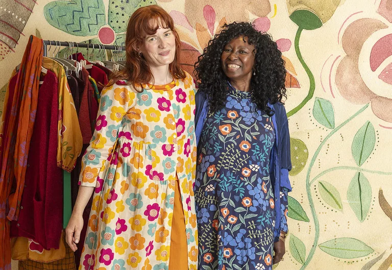 A video with women wearing patterned clothing from Gudrun Sjödén.