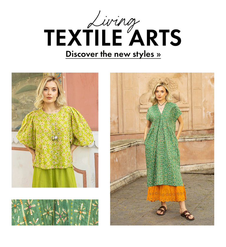 A collage of women wearing clothes in shades of green from Gudrun Sjödén’s 2026 High Summer collection.