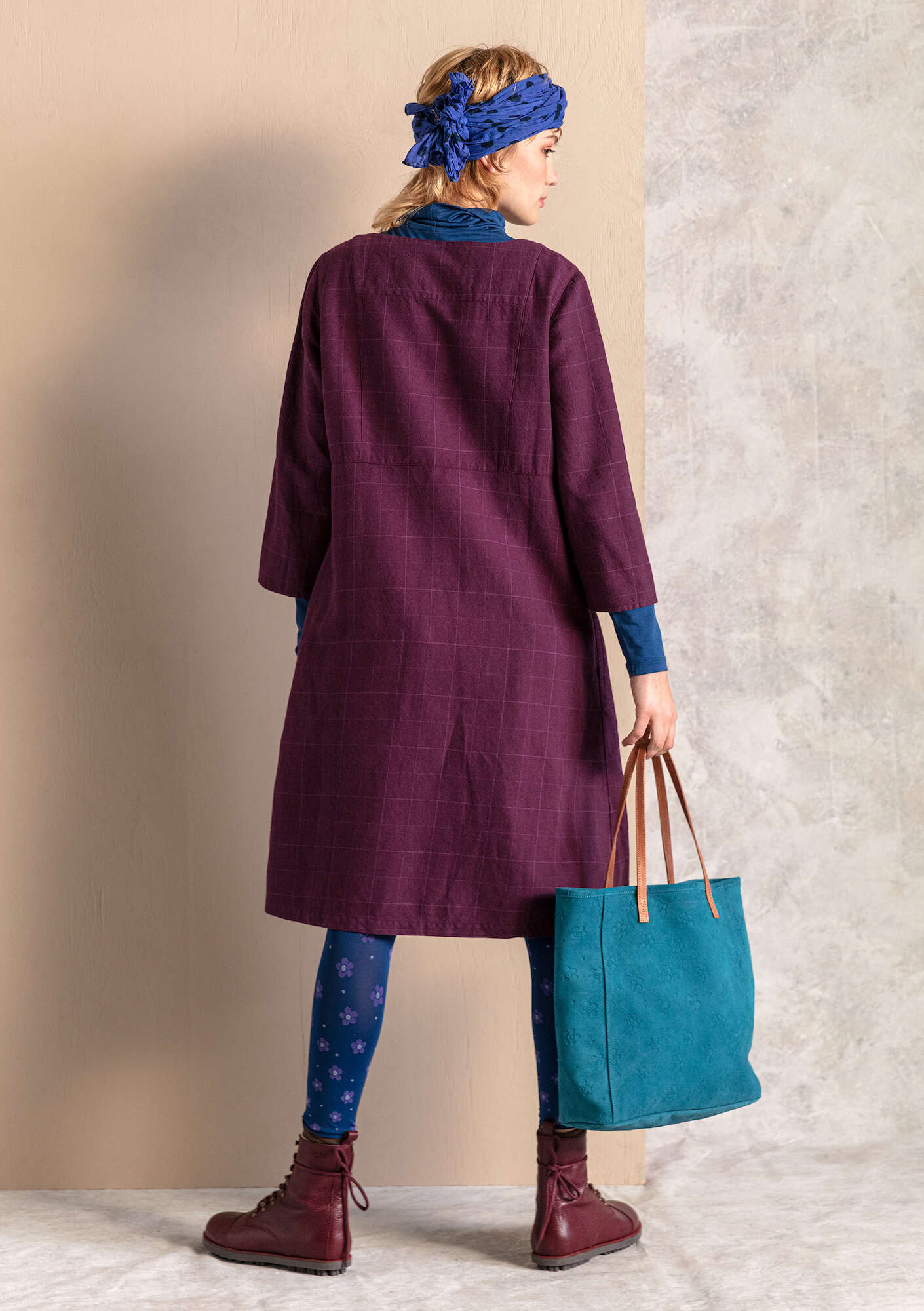 “Greta” woven dress in checked organic cotton/linen allium thumbnail
