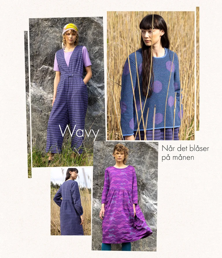 A collage of women wearing purple patterned clothing from Gudrun Sjödén.