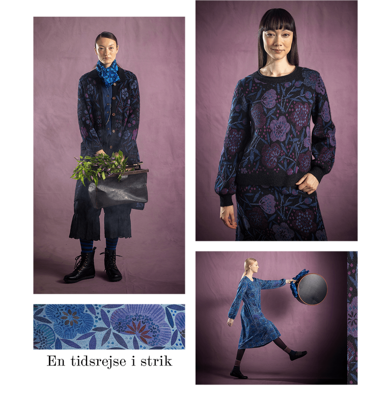 A collage of women wearing clothing from Gudrun Sjödén and a closeup of patterned blue fabric.