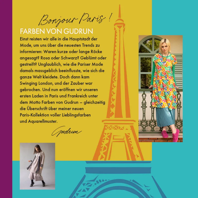 Eine Collage mit einer Grafik vom Eiffelturm und zwei Bildern von Frauen in Modestücken aus Gudrun Sjödéns Paris-Kollektion.