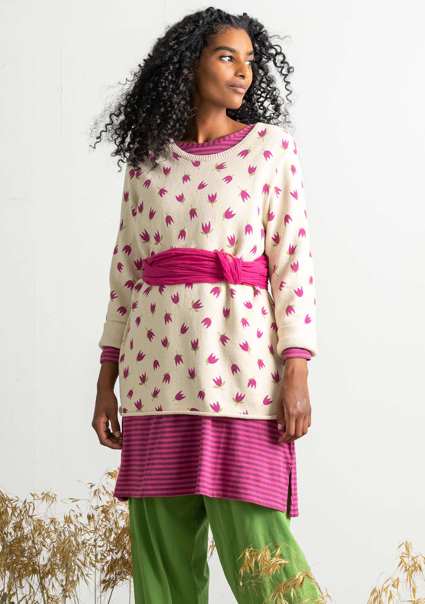 FAVOURITE “Adena” long-sleeved recycled cotton top cerise/patterned thumbnail