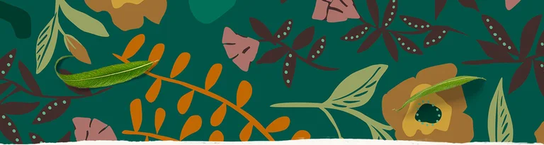 A graphic-style picture of a pattern of flowers and leaves from Gudrun Sjödén.
