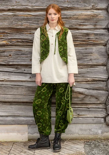 “Nootka” organic cotton/recycled polyester velour trousers - forest green/patterned