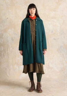 “Wilma” patterned and solid-colour long cardigan in lambswool - dark jade melange