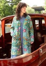 Langstrickjacke mit langen Ärmeln mit Blumenmuster und Knöpfen in blau-grün.