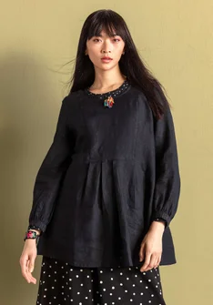Vevd bluse «Fiona» i lin - svart