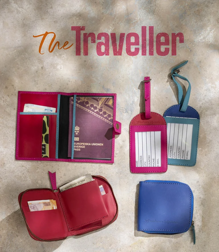 Passport case, luggage tag and leather wallet from Gudrun Sjödén.
