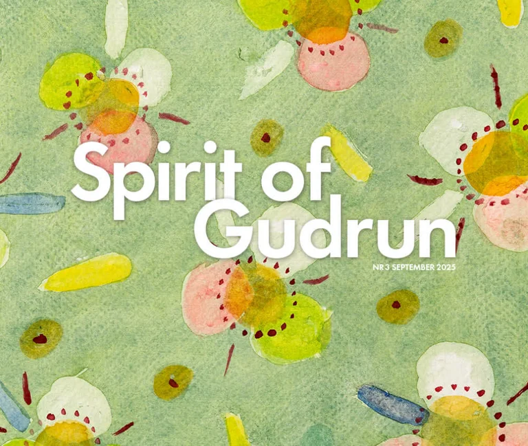 A green watercolour painting by Gudrun Sjödén with the words “Spirit of Gudrun”.
