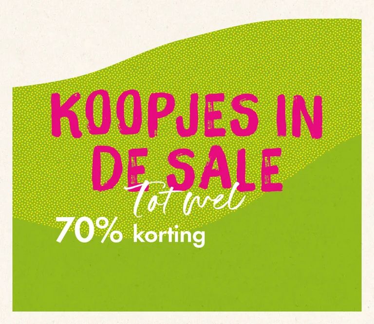 Een grafische afbeelding in groen met de tekst KOOPJES⁠IN⁠DE⁠SALE.