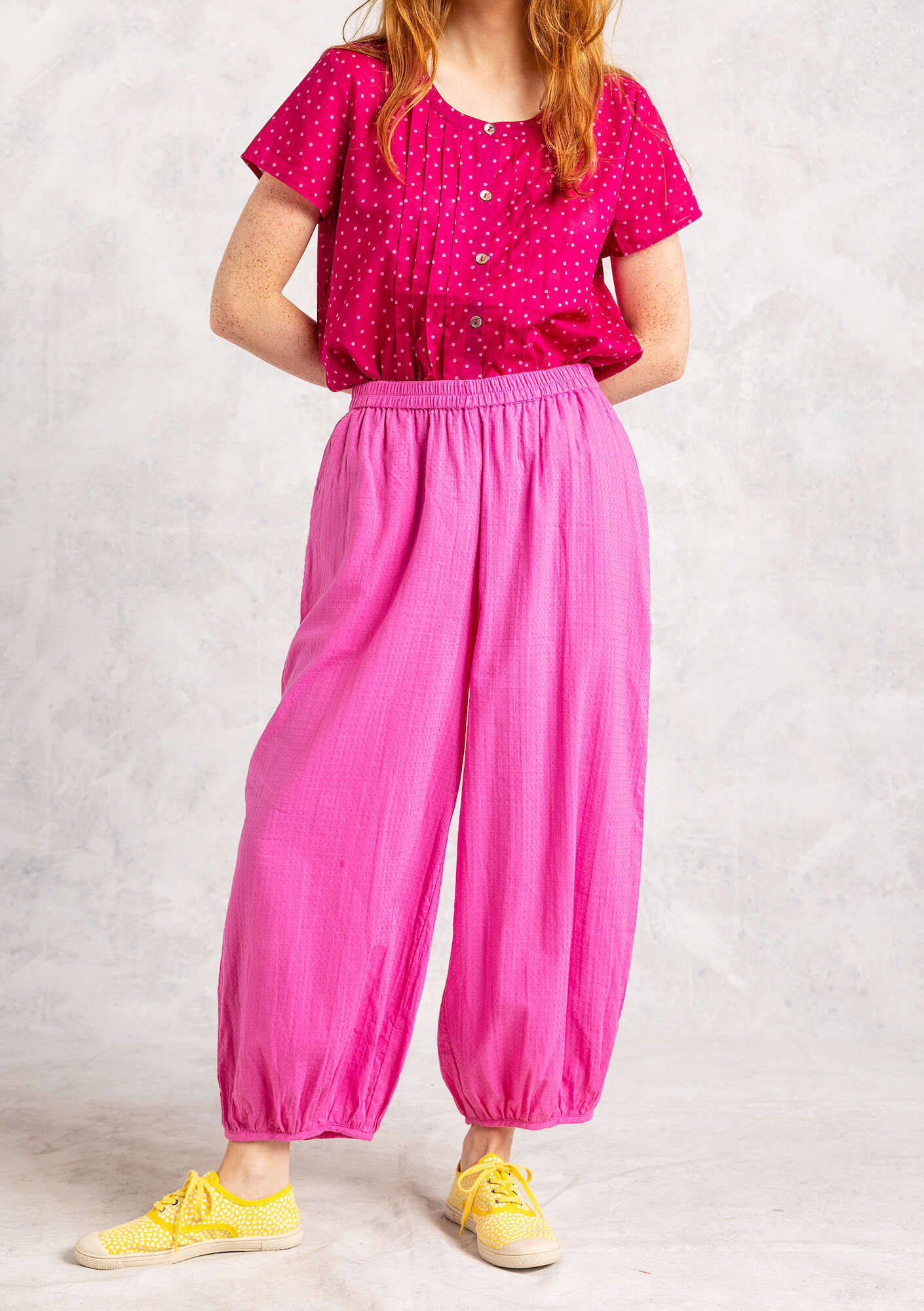 “Hilda” harem trousers in an organic cotton weave wild rose thumbnail