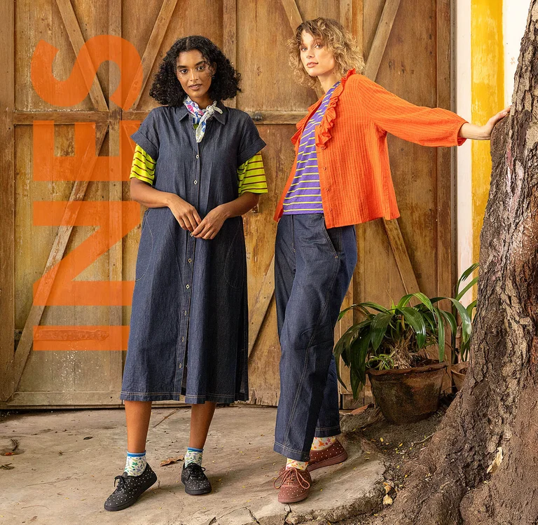 Two women wearing layers of clothes from Gudrun Sjödén.