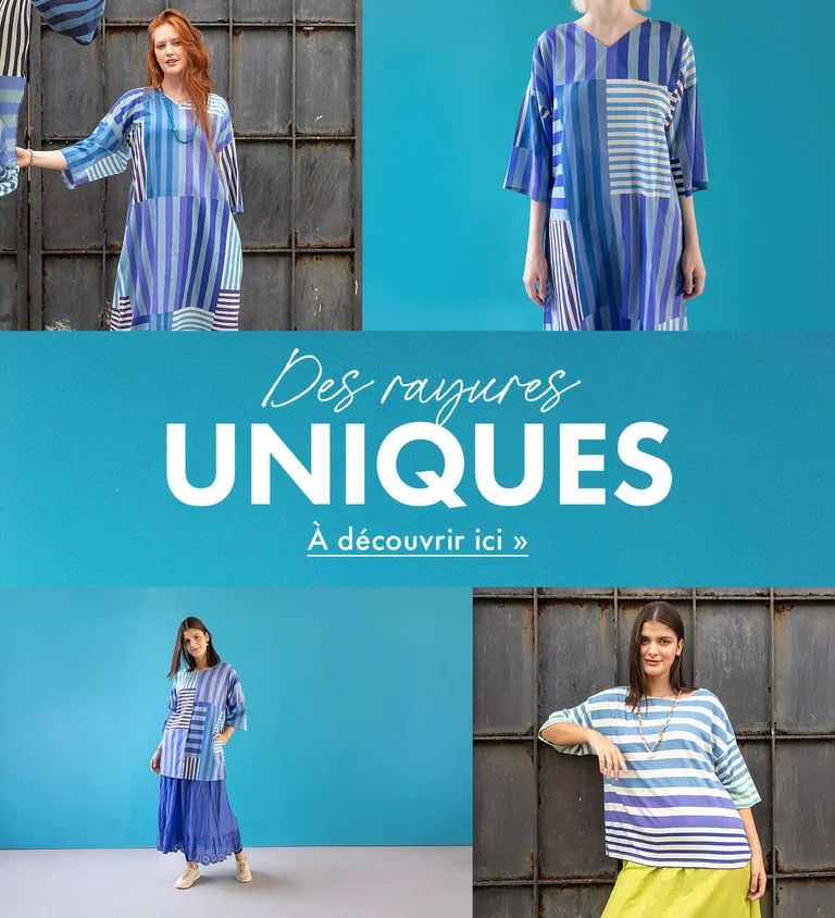 A collage of women wearing striped clothes in shades of blue from Gudrun Sjödén’s Spring Extra collection mixed with close-ups of the striped fabric.