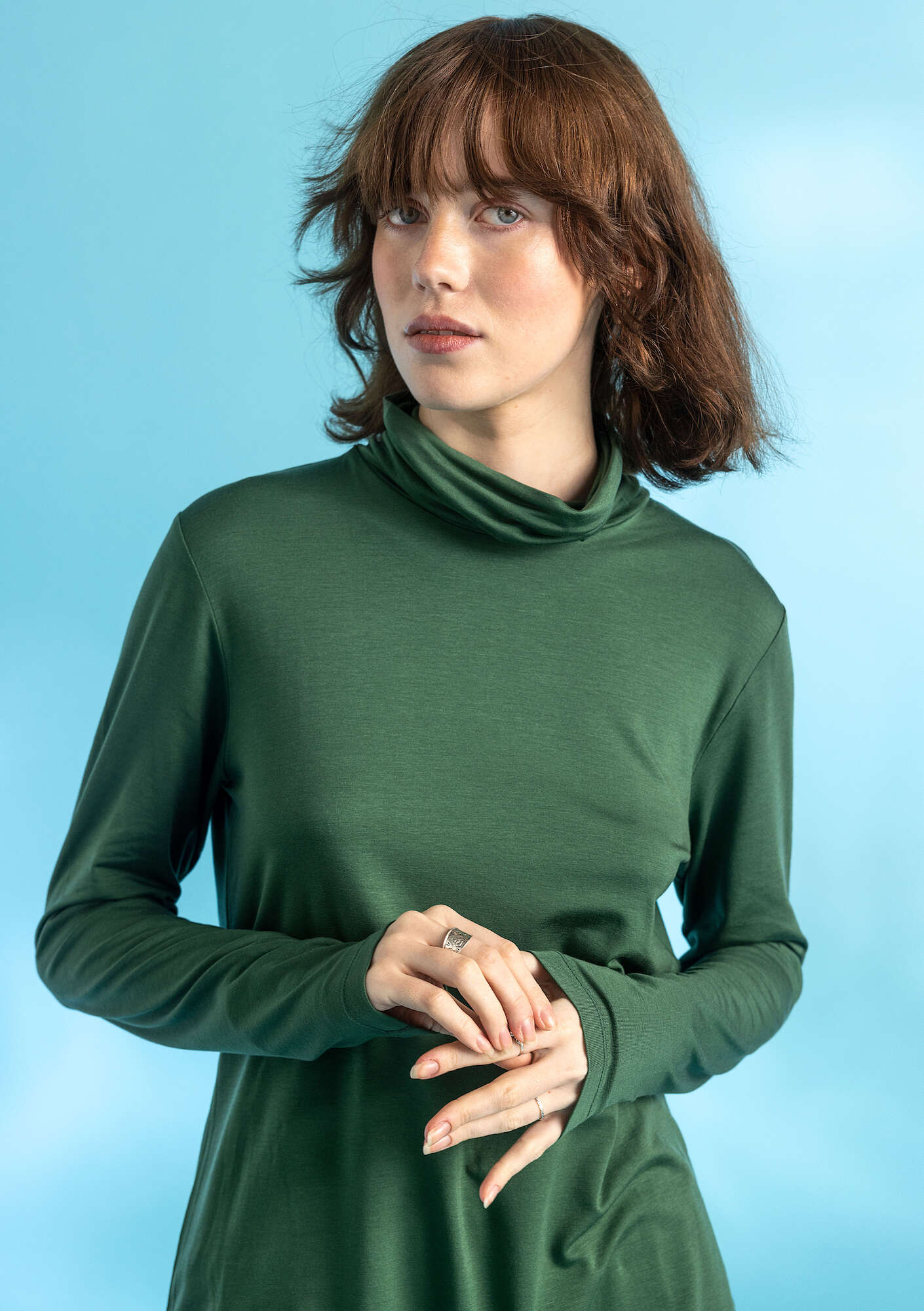 Lyocell/elastane jersey polo-neck top dark green