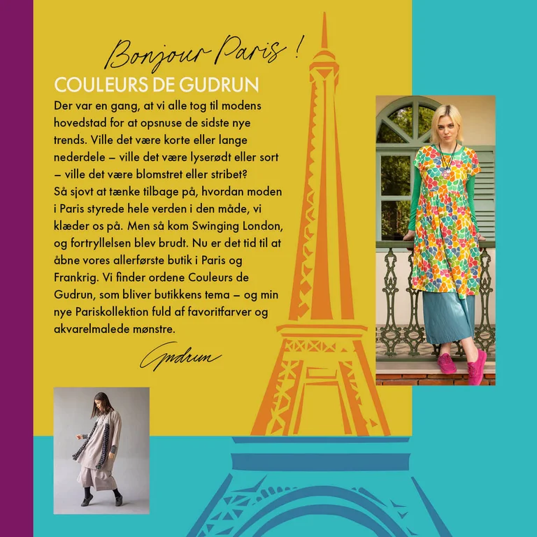 En billedcollage et grafisk billede af Eiffeltårnet sammen med to billeder af kvinder klædt i tøj fra Gudrun Sjödéns Pariskollektion.