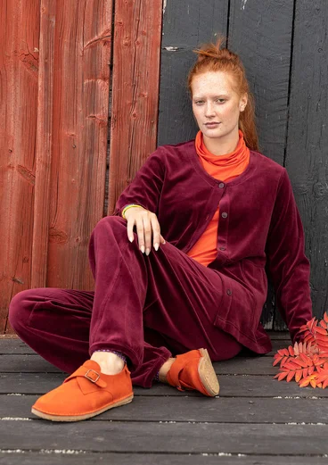 Solid-colour, velour trousers in organic cotton/recycled polyester - aubergine