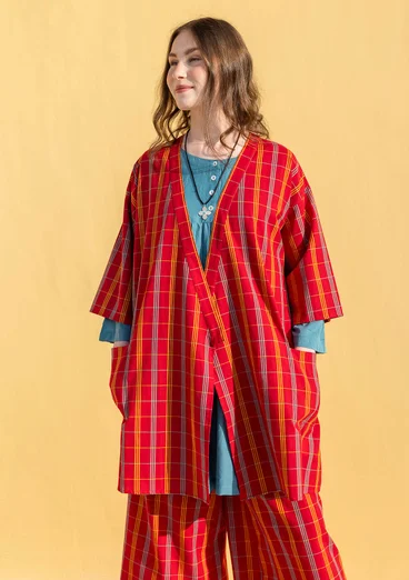 Kimono à carreaux "Coimbatore" en coton biologique - rouge perroquet