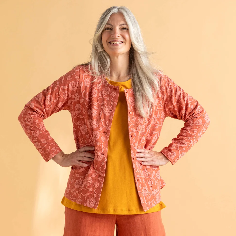 “Hazel” jersey cardigan in organic cotton/spandex - terracotta