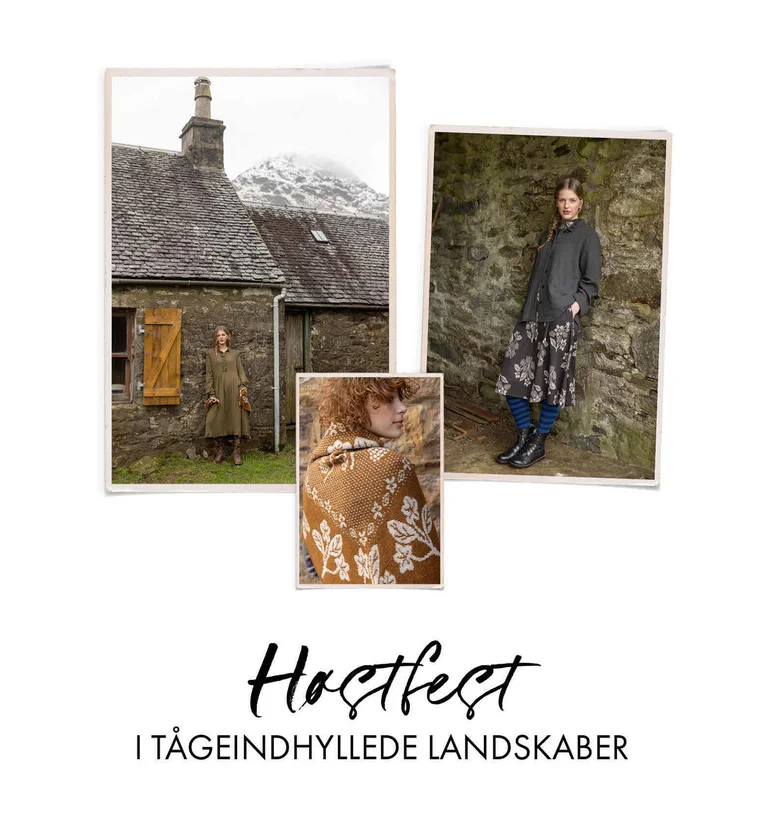A collage with a woman standing by an old house wearing layers of clothing from Gudrun Sjödén, a woman standing by a stone wall wearing layers of clothing from Gudrun Sjödén and a closeup of a woman wearing a scarf from Gudrun Sjödén.