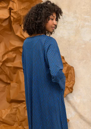 “Ellen” striped/solid-colour organic cotton/modal jersey dress - ink blue/patterned